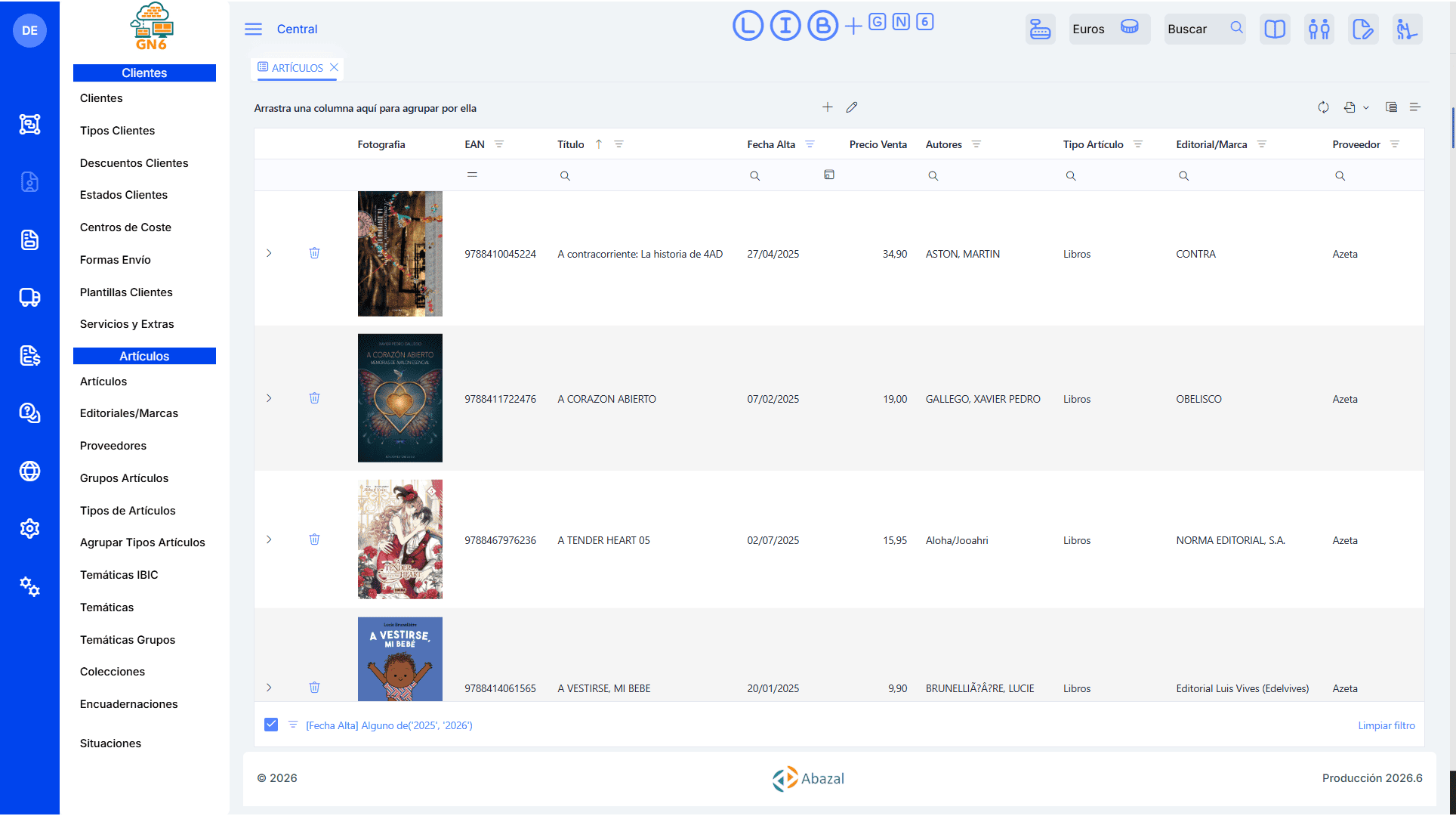 Interfaz de GN6, software cloud para librerías, editoriales y distribuidoras